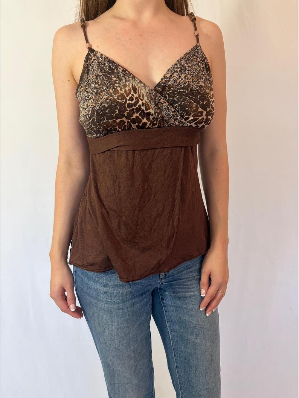 Brown Y2k Leopard Beaded Strap Casual Fairy Cami Top